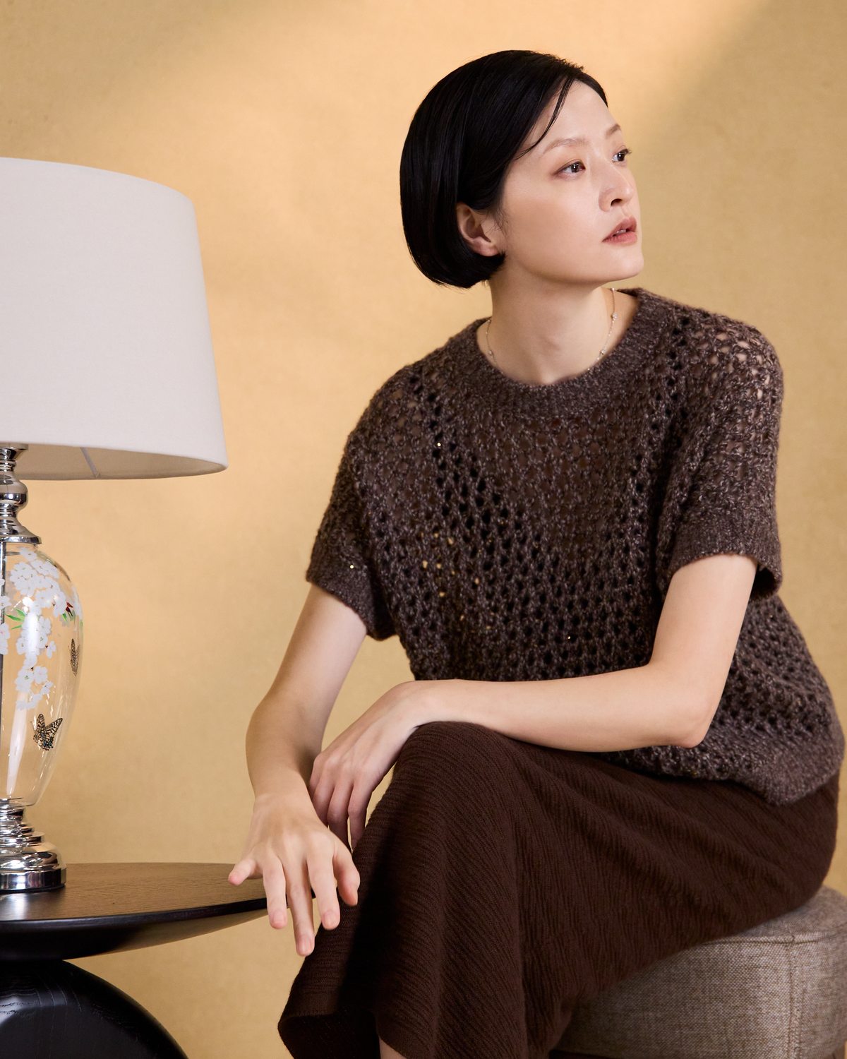 “璀璨日常 Effortless Radiance • 可可 Cocoa” 真絲 Cashmere 鏤空亮片編織針織上衣