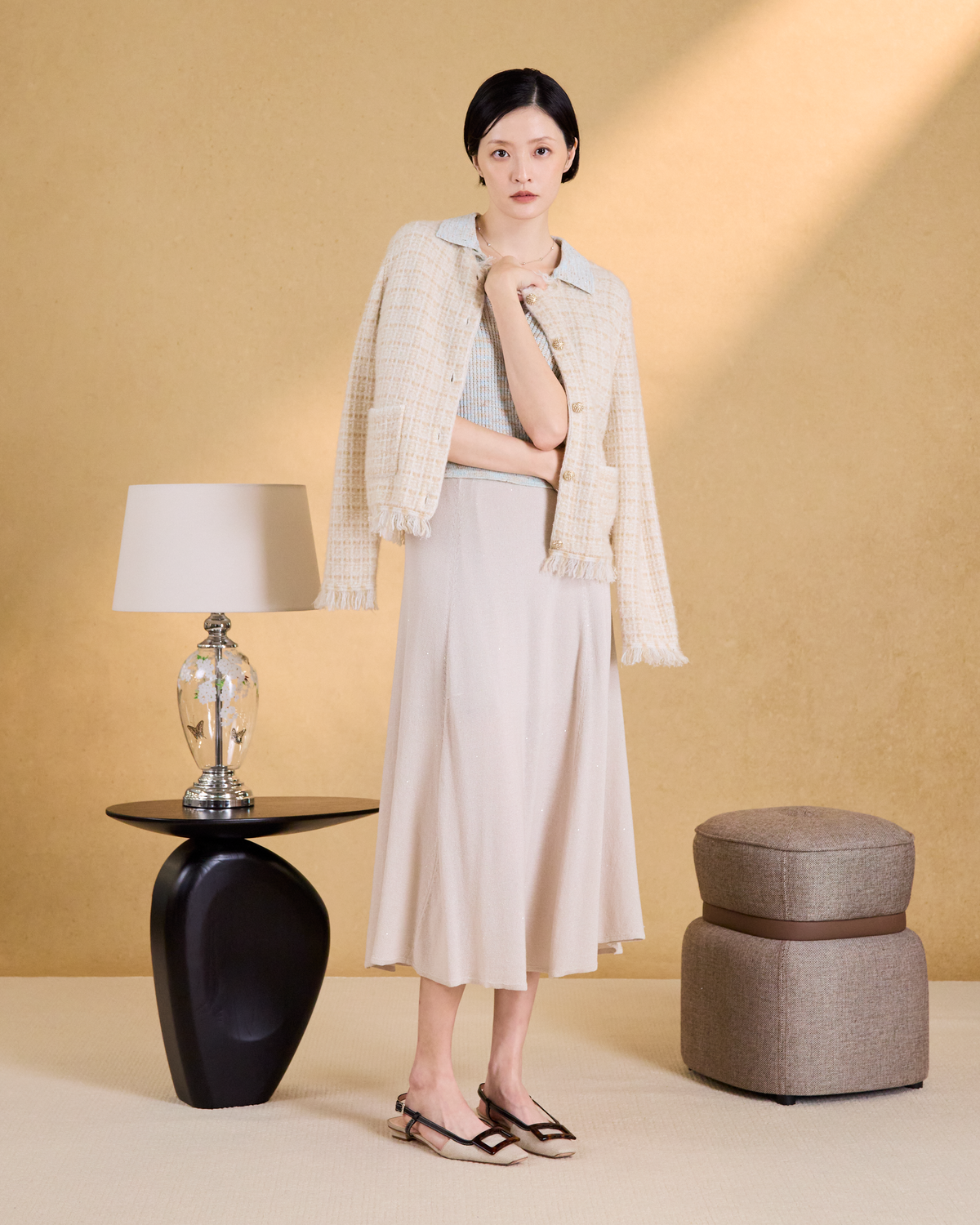 “花呢柔想 Tweed Reverie • 沙金微暈 Sable Lumière” 真絲 Cashmere 格織肌理流蘇針織外套