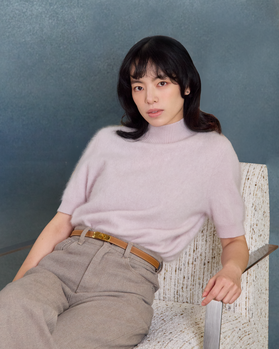 “一襲柔光 A Soft Halo • 柔霧薰紫 Soft Lavender” 100% Cashmere 極細絨柔梳纖工藝立領五分袖上衣