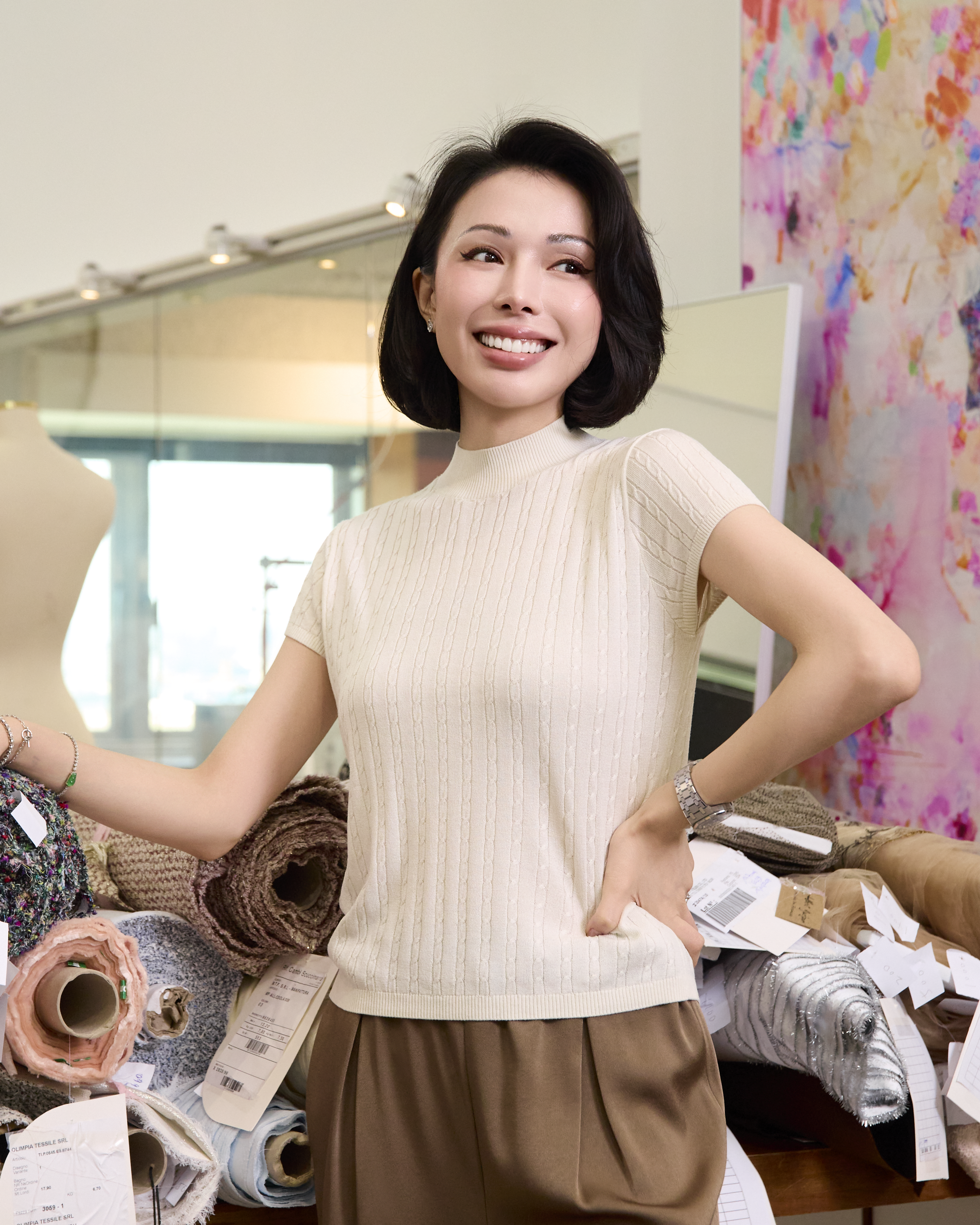 “Pure & Soft”100% 真絲麻花薄織上衣 (Yarn by Loro Piana)—White Tea晨光白茶