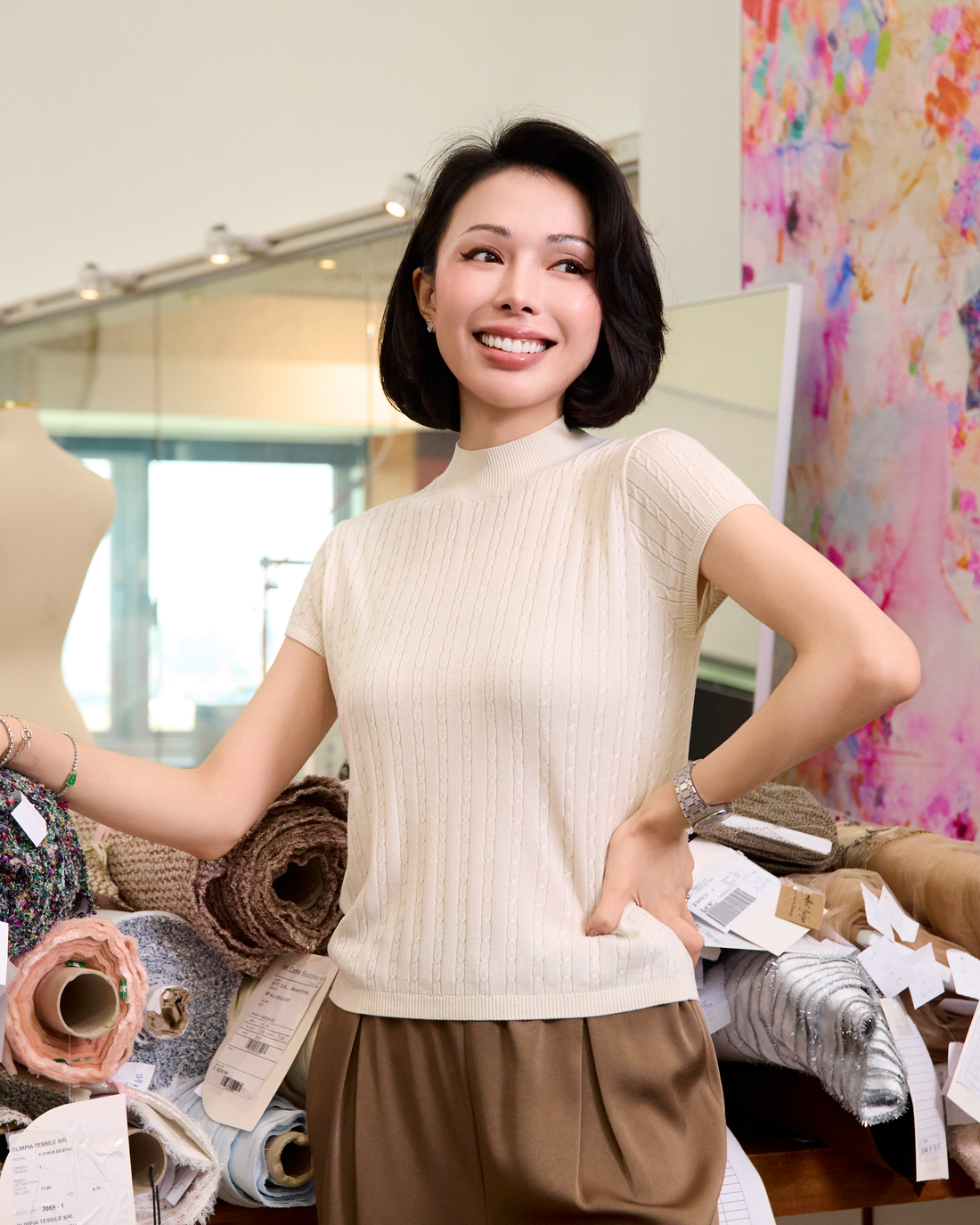 “Pure & Soft”100% 真絲麻花薄織上衣 (Yarn by Loro Piana)—White Tea晨光白茶