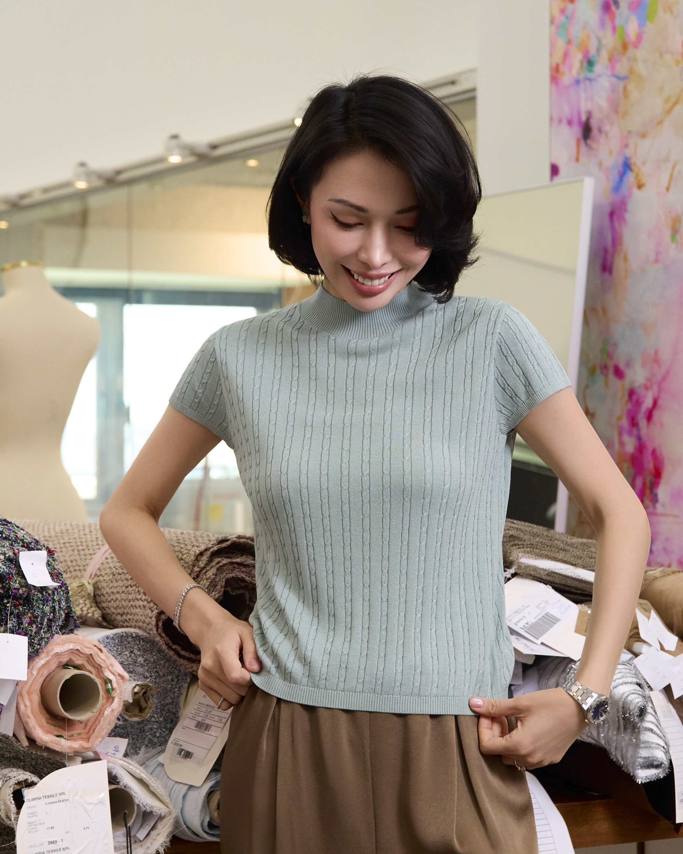 “Pure & Soft”100% 真絲麻花薄織上衣 (Yarn by Loro Piana)—Mint Dew薄荷晨露