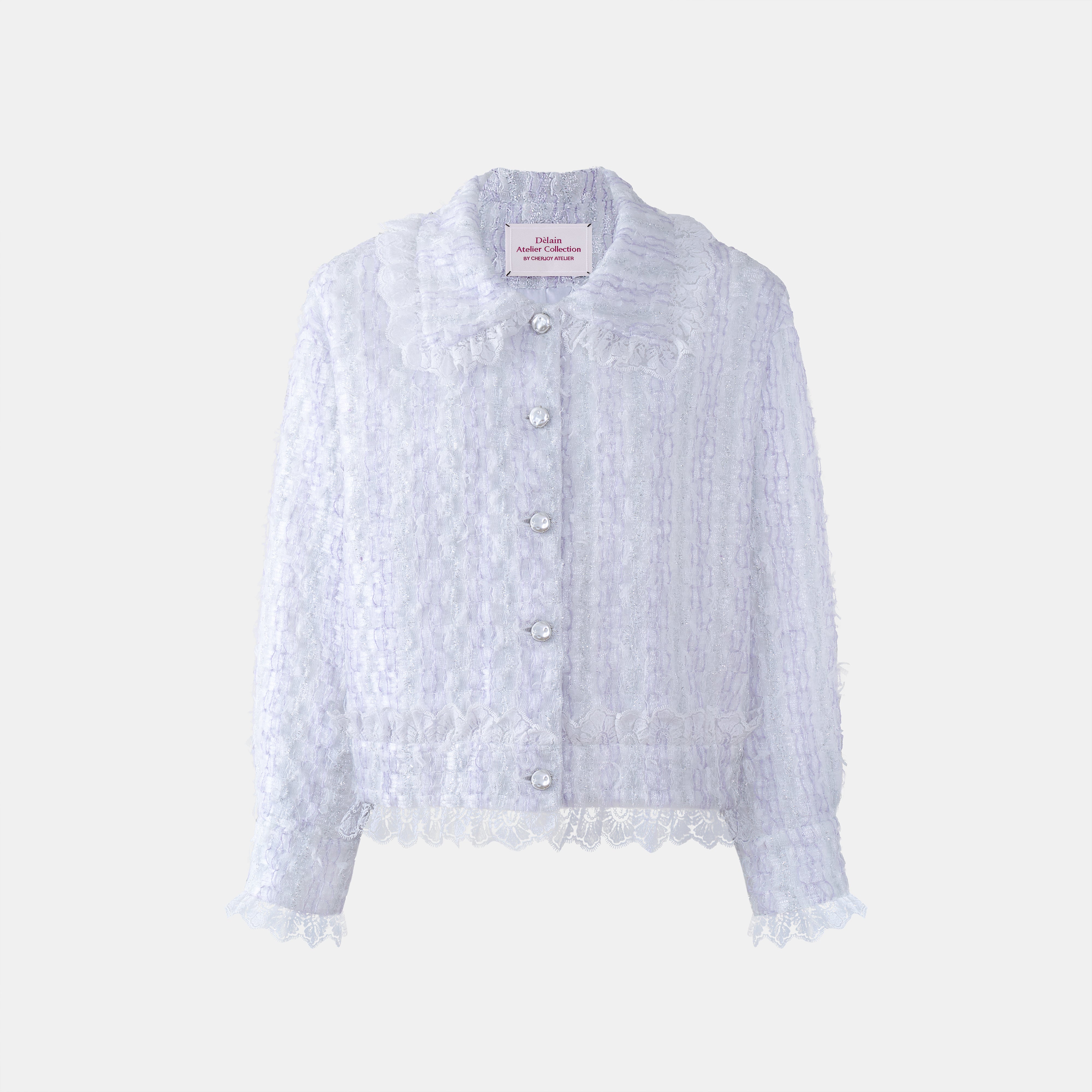 “漂亮心情 In a Lovely Mood” 日本高級訂製銀絲羽紗經典 No.16 oversized 花呢外套－正面商品圖，銀絲羽紗、蕾絲邊與銀色裝飾釦