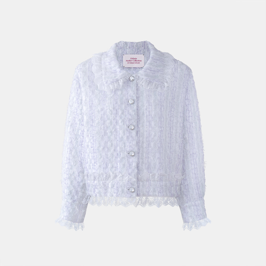 “漂亮心情 In a Lovely Mood” 日本高級訂製銀絲羽紗經典 No.16 oversized 花呢外套－正面商品圖，銀絲羽紗、蕾絲邊與銀色裝飾釦