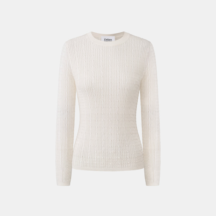 “Pure & Soft”100% 真絲立體麻花薄織上衣 (Yarn by Loro Piana)—White Tea晨光白茶