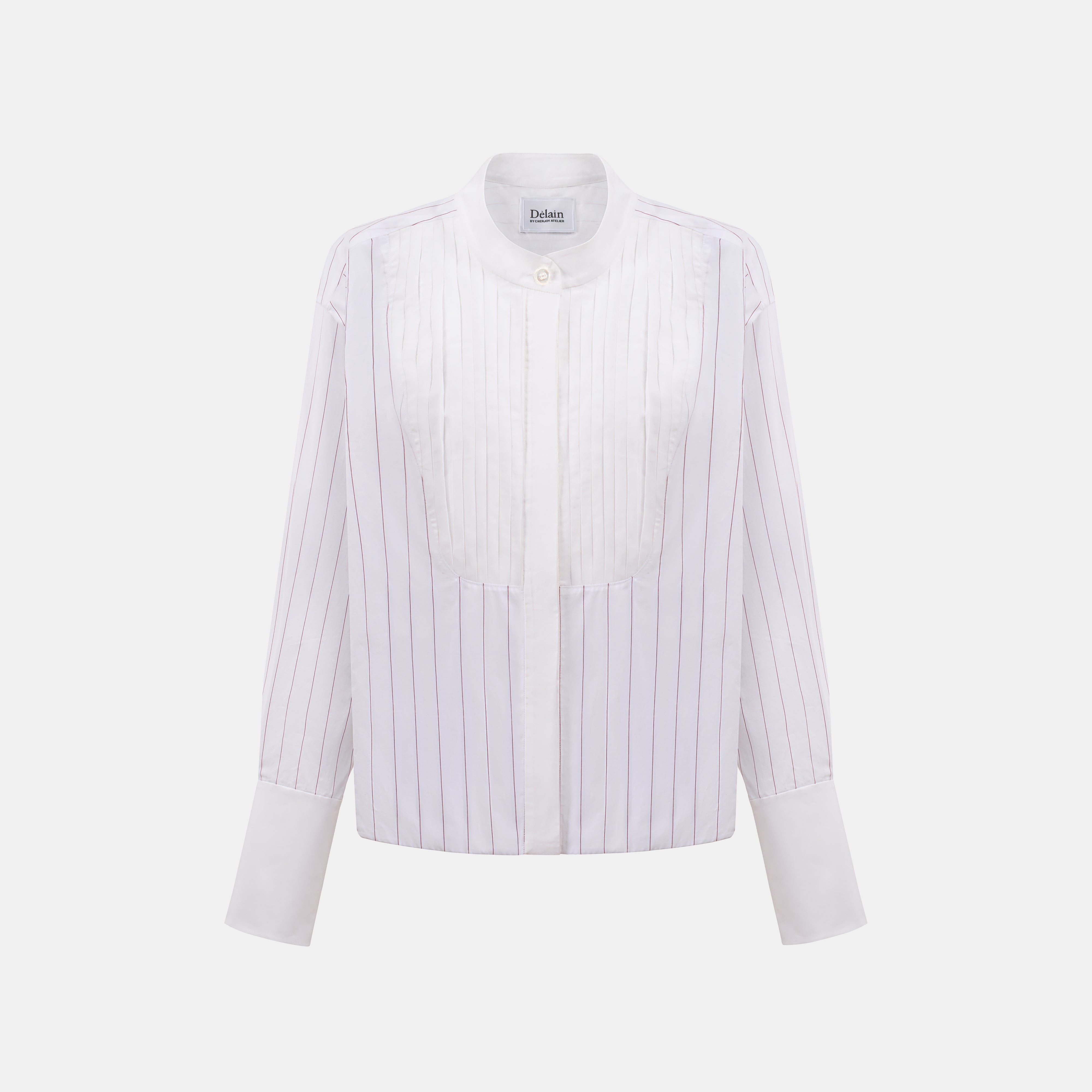 “條紋隨筆 Notes in Stripes” 義大利純棉立體細褶前襟細條紋襯衫