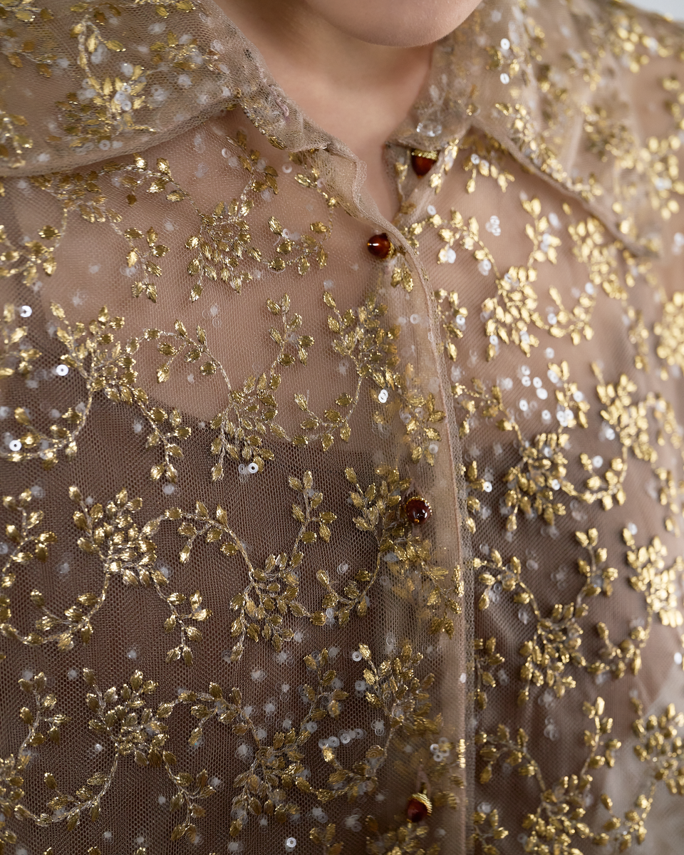 “Golden Pollen 金蕊微香”法國金葉刺繡工藝蕾絲羊腿袖襯衫 2
