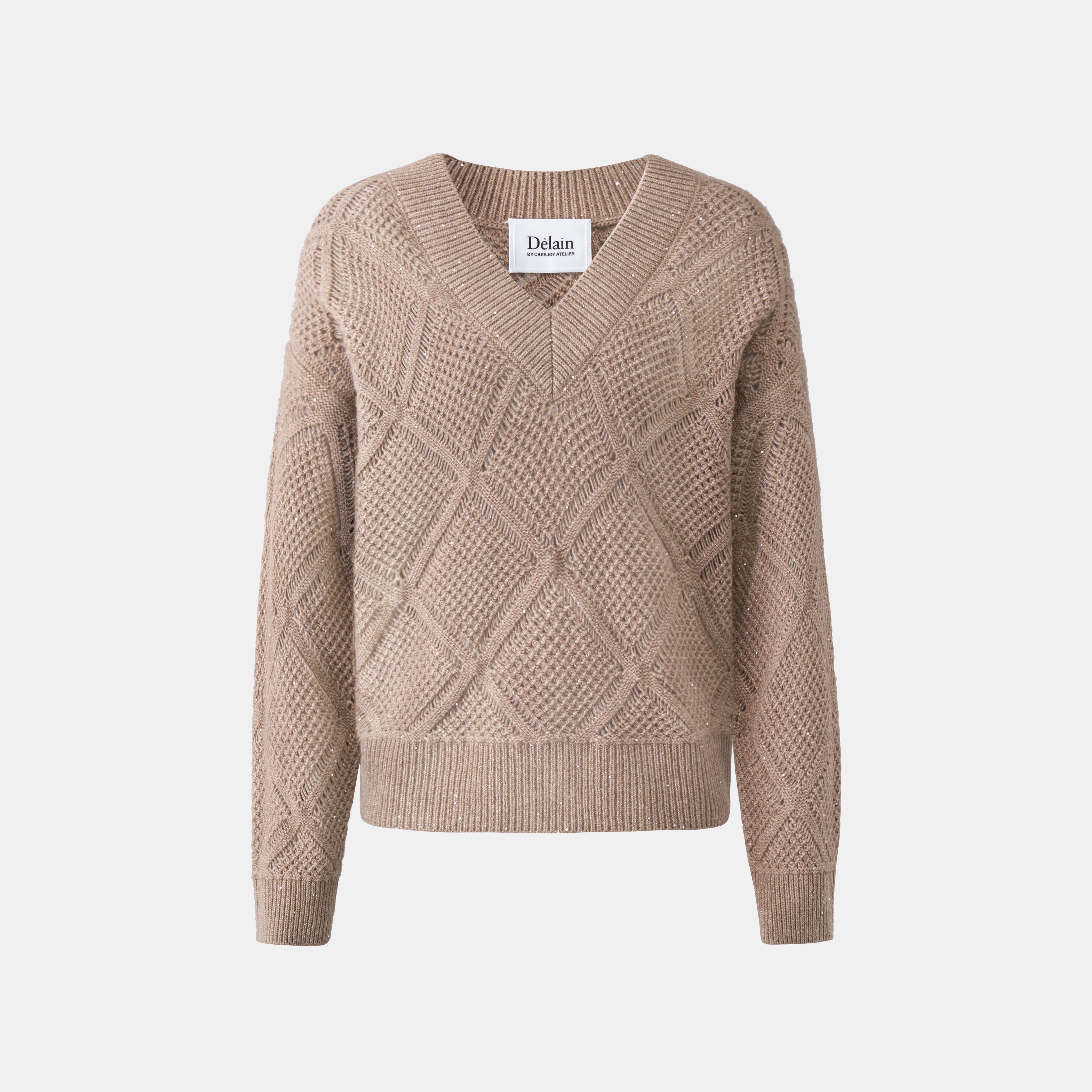 “星鑽鏤織 • Sand Beige 暖沙”100% Cashmere V 領針織上衣 4