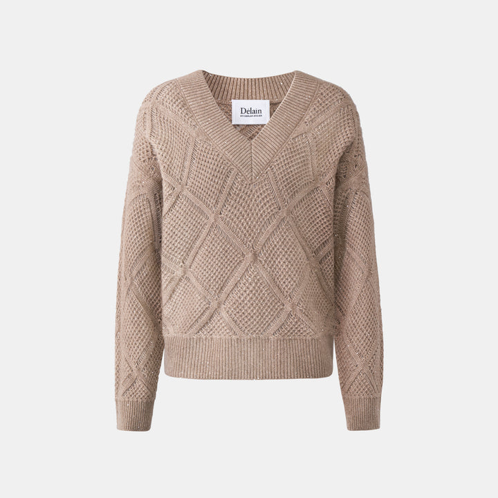 “星鑽鏤織 • Sand Beige 暖沙”100% Cashmere V 領針織上衣 4