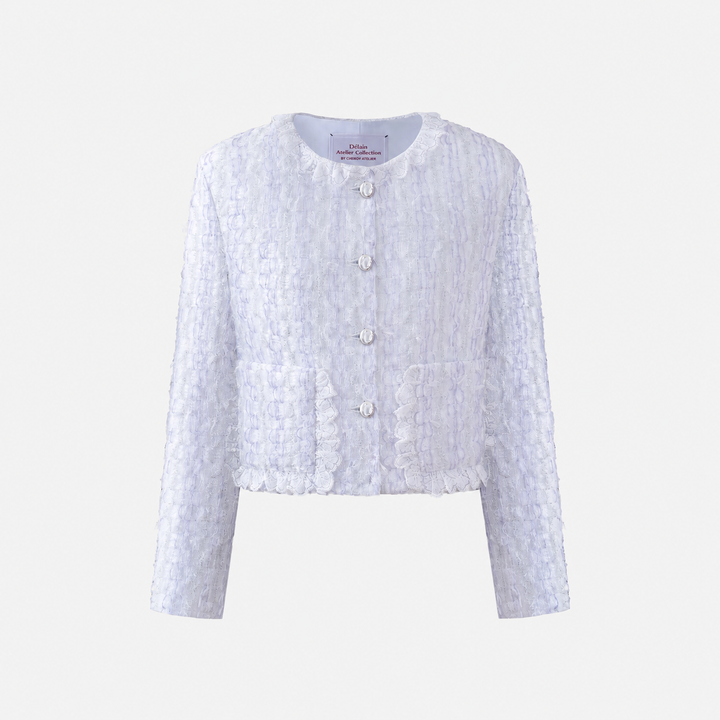 “漂亮心情 In a Lovely Mood” 日本高級訂製銀絲羽紗經典 No.14 花呢外套－正面商品圖，圓領短版與蕾絲花邊