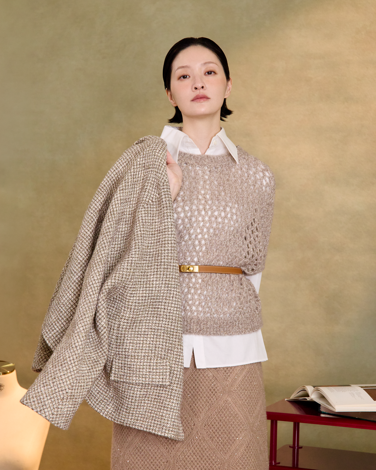 “璀璨日常 Effortless Radiance • 燕麥 Oatmeal” 真絲 Cashmere 鏤空亮片編織針織上衣