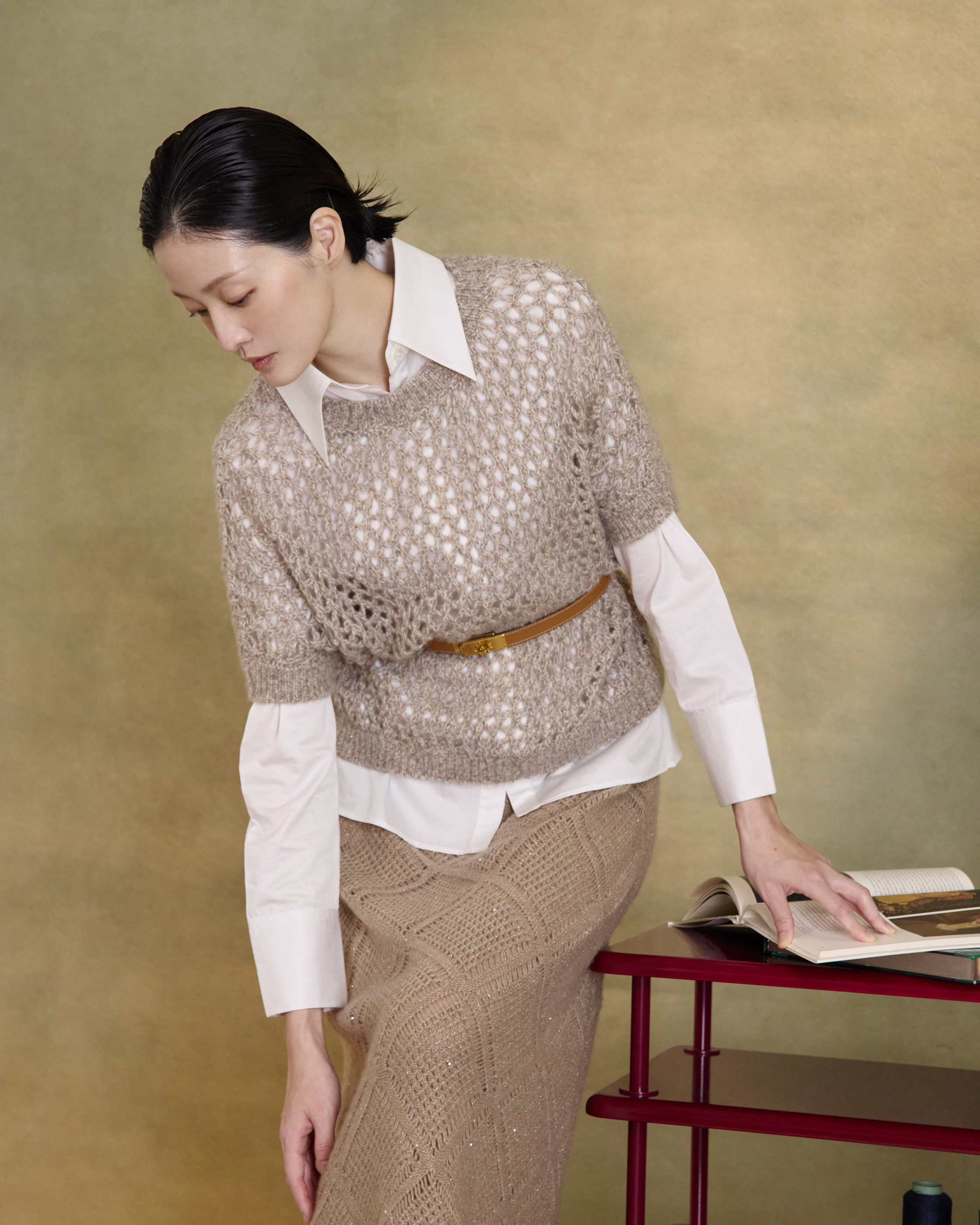 “璀璨日常 Effortless Radiance • 燕麥 Oatmeal” 真絲 Cashmere 鏤空亮片編織針織上衣