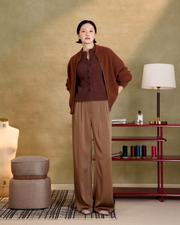 “日常步調 Everyday Rhythm • 胡桃棕 Walnut Brown” 日本Soalon抗皺三醋酸緞光高腰打褶闊腿褲
