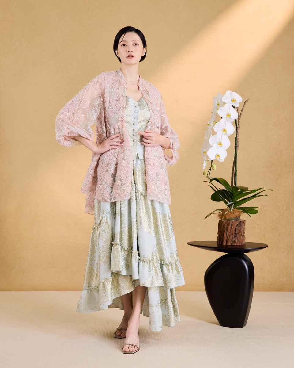“Golden Trace 金箔花跡”義大利花影真絲緹花層次剪裁長裙