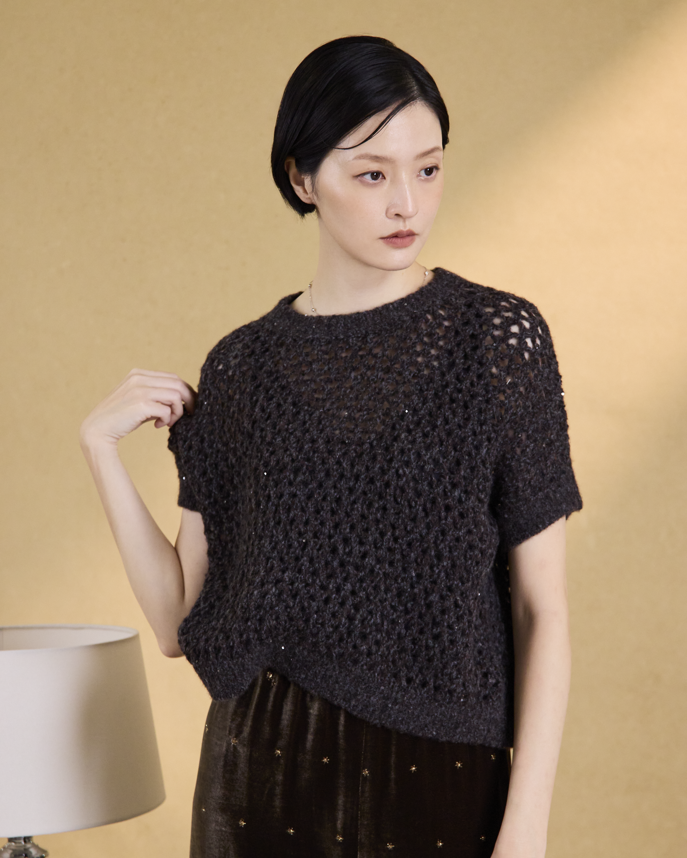 “璀璨日常 Effortless Radiance • 深灰棕 Dark Taupe” 真絲 Cashmere 鏤空亮片編織針織上衣
