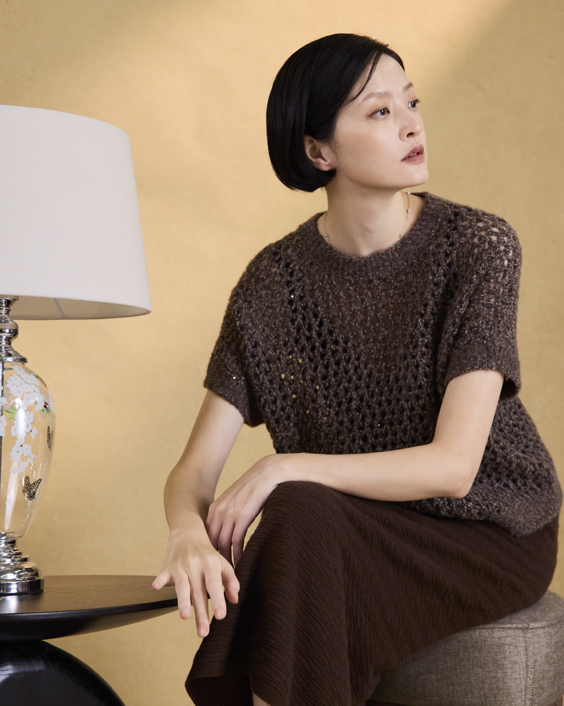 “璀璨日常 Effortless Radiance • 可可 Cocoa” 真絲 Cashmere 鏤空亮片編織針織上衣
